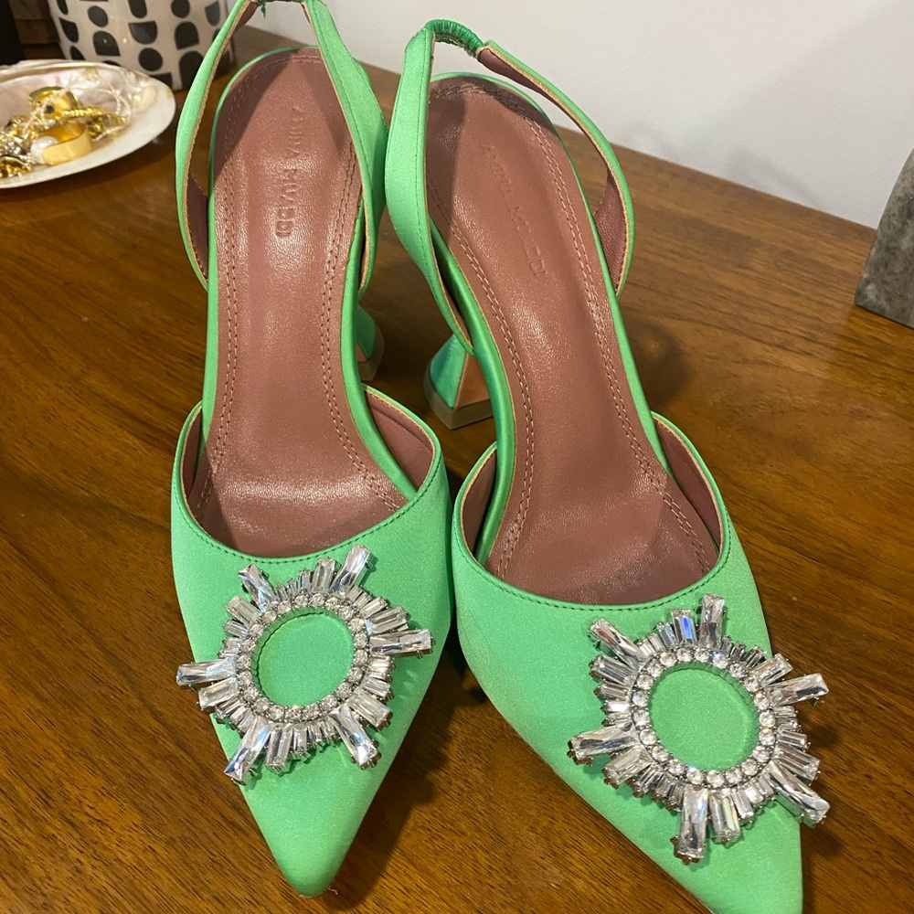 Amina Muaddi Green Heels with Silver Embellishments